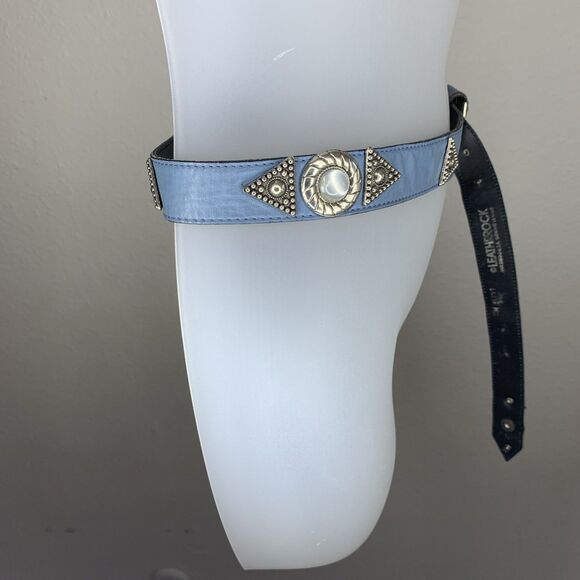 Vtg Leatherock Blue Leather Western Belt Silver Tone Concho Studded Buckle Large main image 9